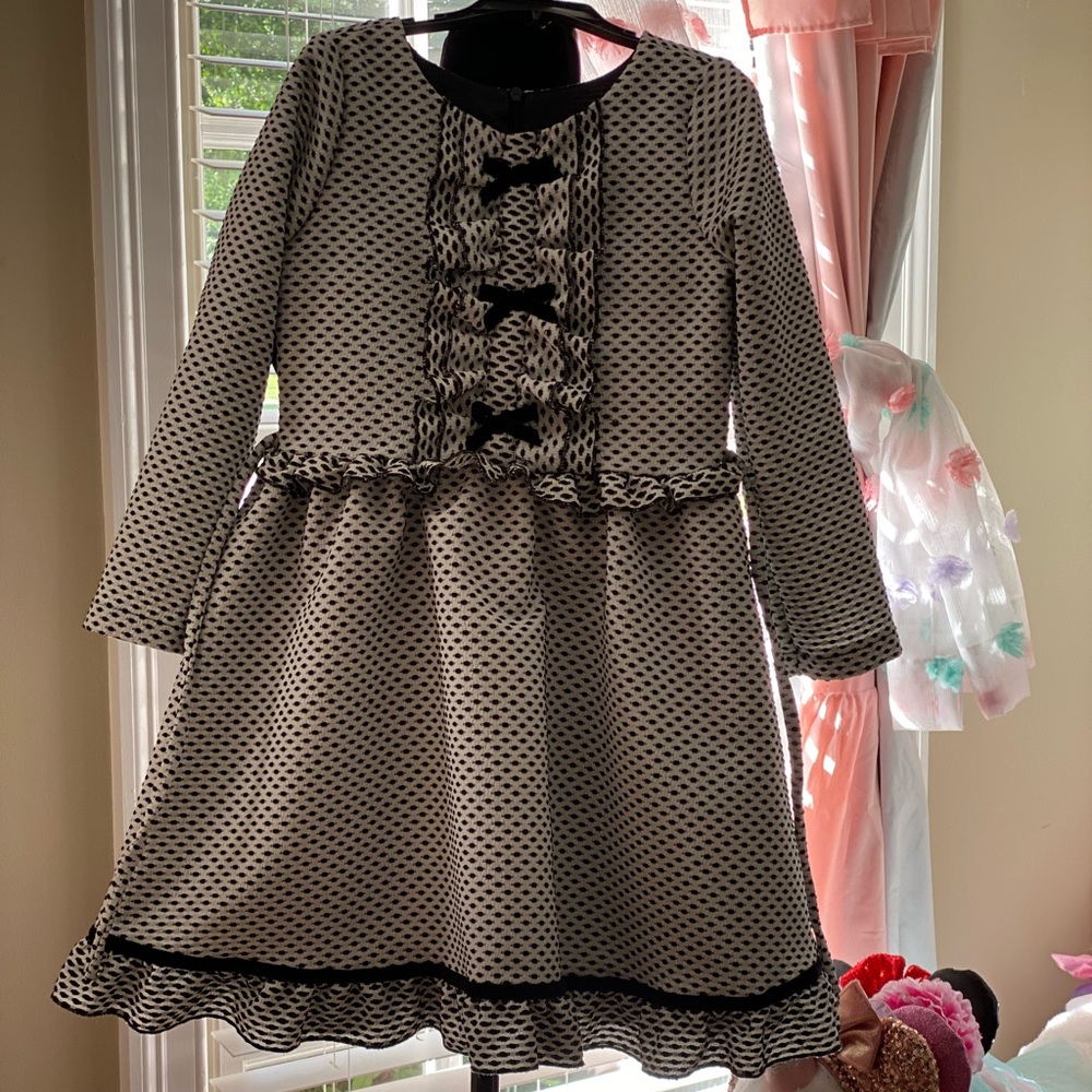 Girls long sleeve dress with ruffle details & black bows